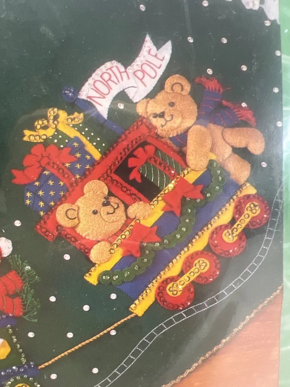 Bucilla Santa Bear Toy Train Felt Christmas Tree Skirt Kit 43” Round New Open